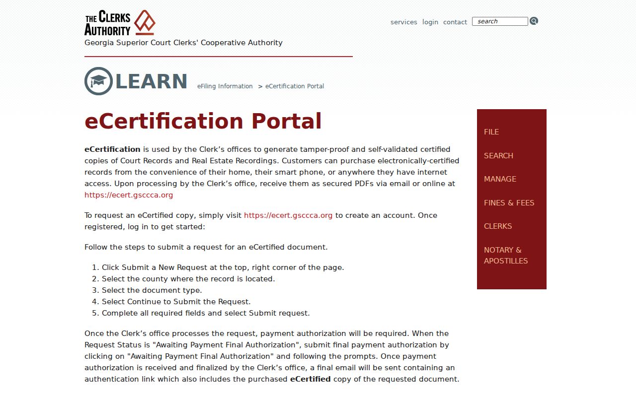 Georgia eCertification information relevant to Brantley court record requests
