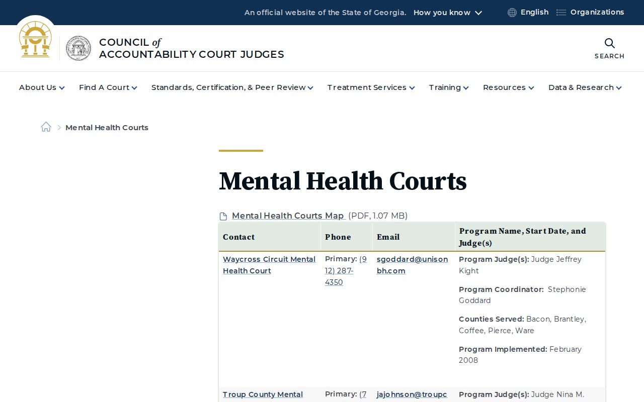 Georgia mental health court directory for programs serving Brantley County