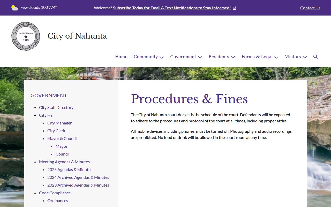 Nahunta procedures and fines page for municipal court instructions