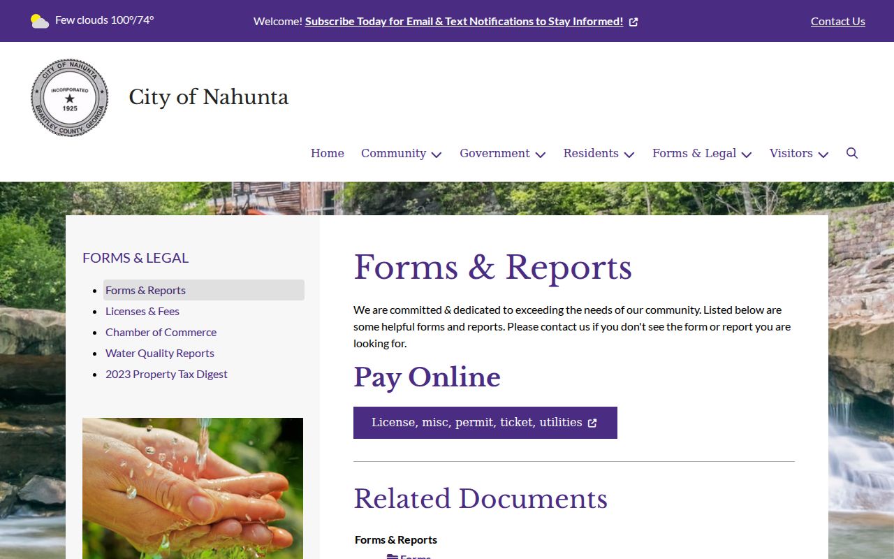 Nahunta forms and reports page for current municipal documents