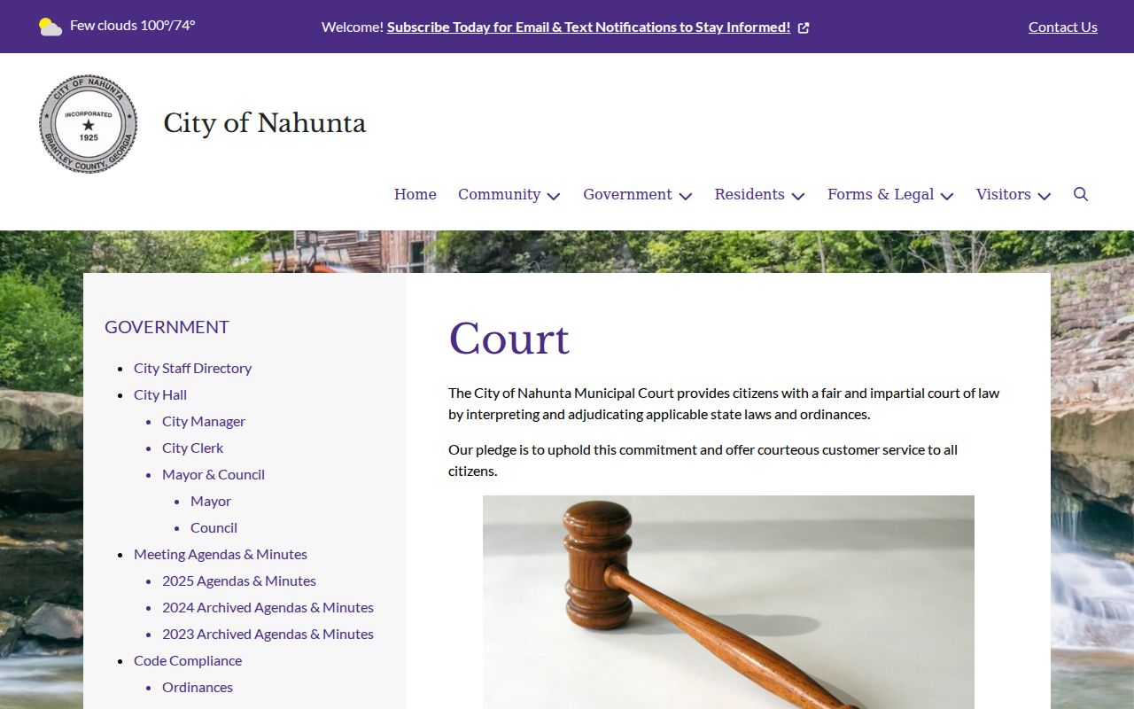 Official Nahunta Municipal Court page describing the city court